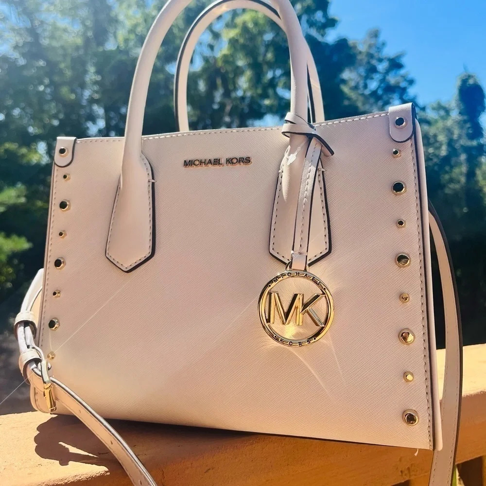 Michael Kors Maple Small Studded Satchel Crossbody White Leather NWT - Picture 2 of 6